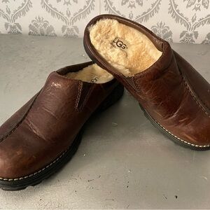 UGG Brown Leather with Sheepskin Slip on.